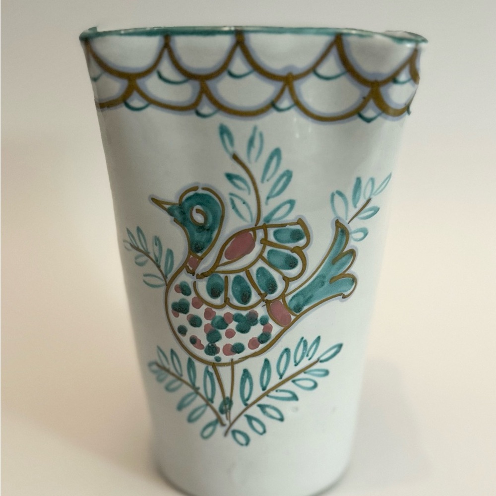 Italian Ceramic Hand Painted Bird & Floral Design Vase Turquoise Brown